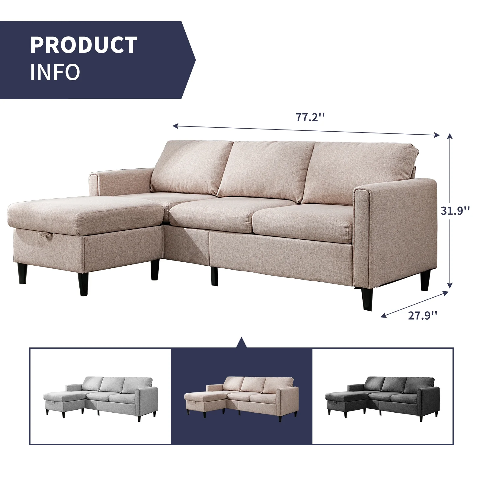 ZAFLY Convertible Sectional Sofa Couch, 3 Seater Sofa with Storage Ottoman, Modern L-Shape Linen Couches with Flexible Chaise for Living Room - Beige