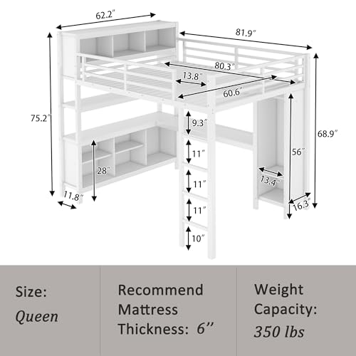 Linique Metal Loft Bed with Wardrobe & L-Shaped Desk - Sturdy Space-Saving Loft Bed Includes Storage Cubes, Shelves for Kids, Teens, Adults (White, Queen)