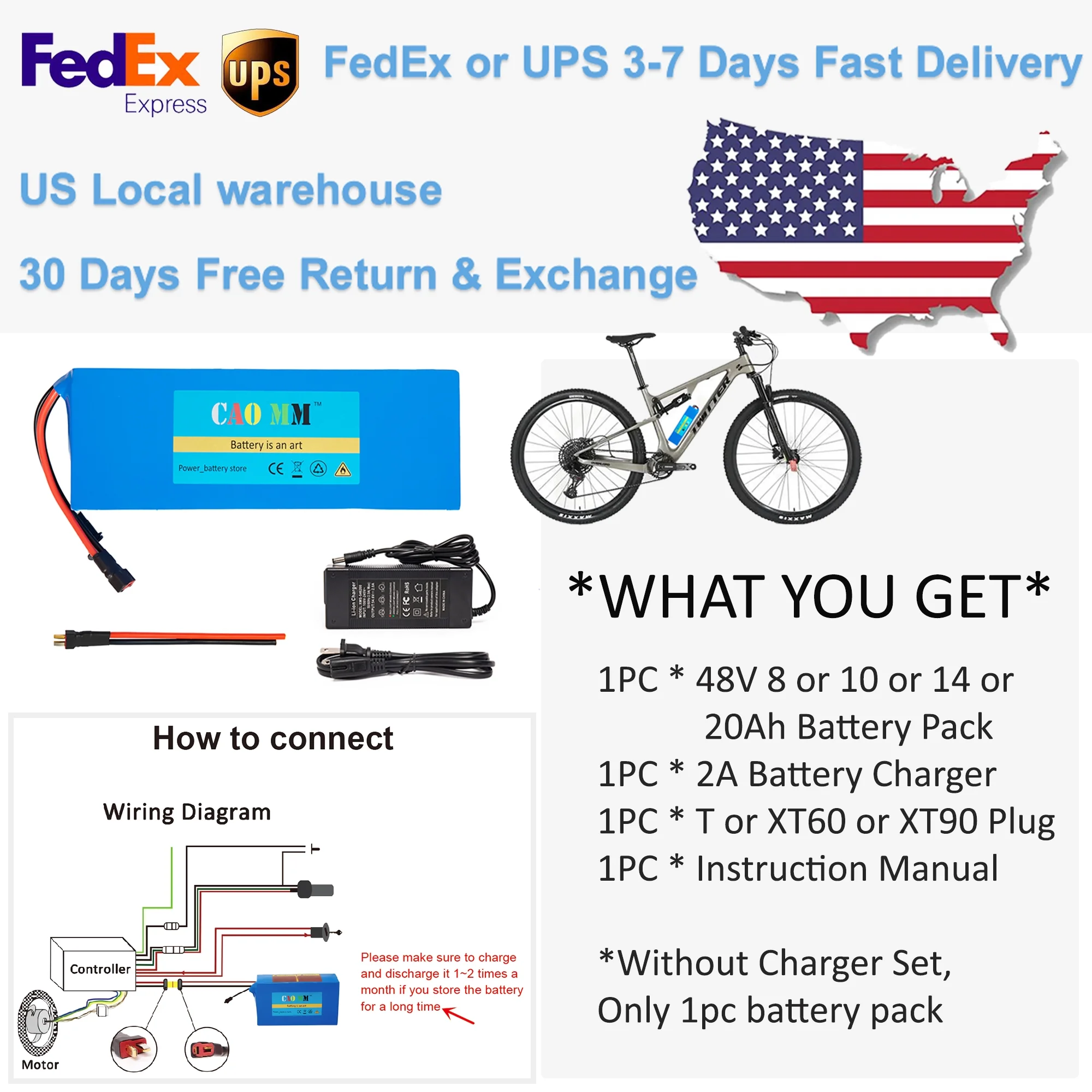 Ebike Battery 48V 8Ah Lithium Battery 30A BMS with Charger 48V Battery for 750W Electric Bike Motorcycle