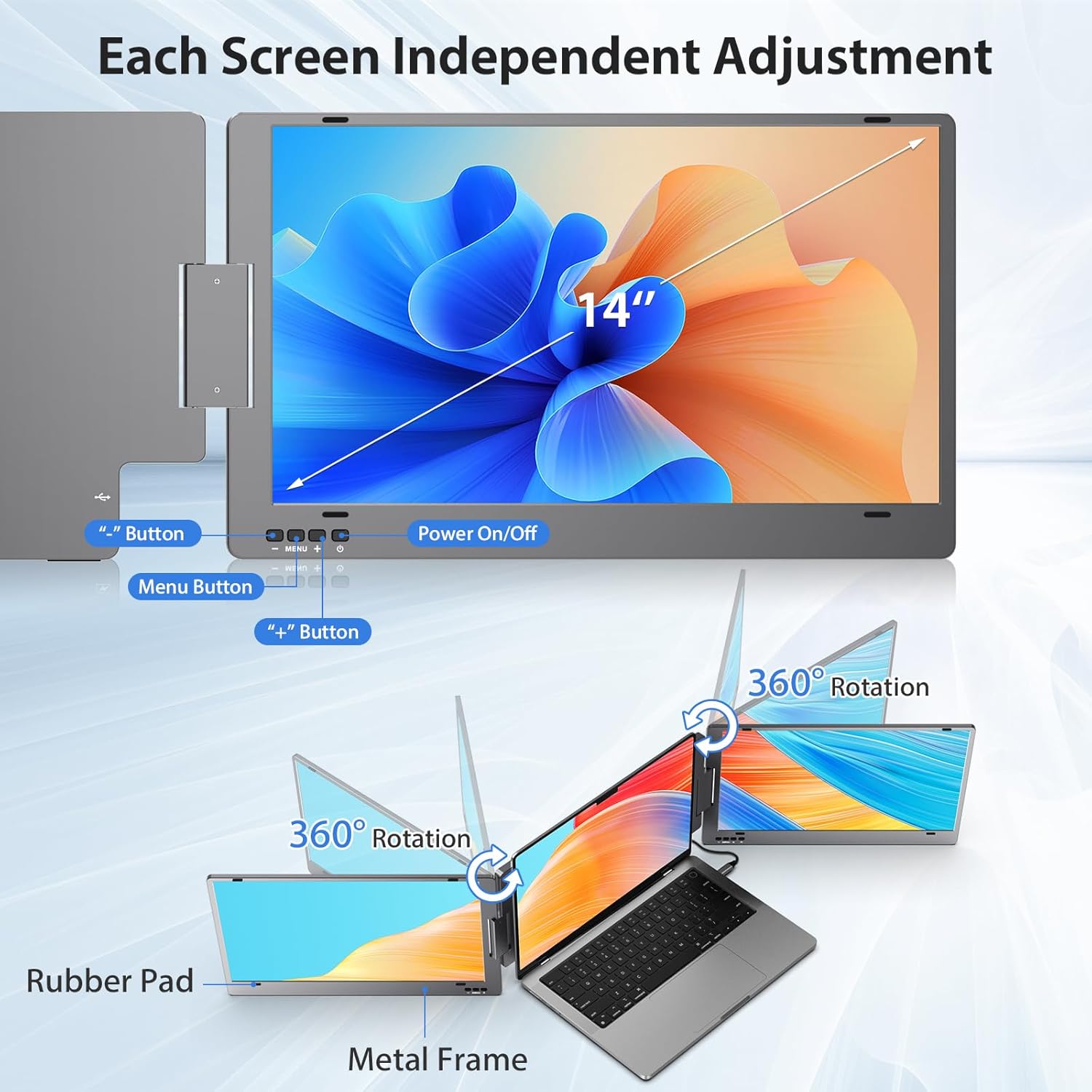 KYY Triple Laptop Screen Extender, 14" 1080P FHD IPS Dual Portable Monitor for Laptop, USB C Travel Extended Monitor for 12-16'' Laptop, 210°Rotation & Kickstand, for Mac Wins Android