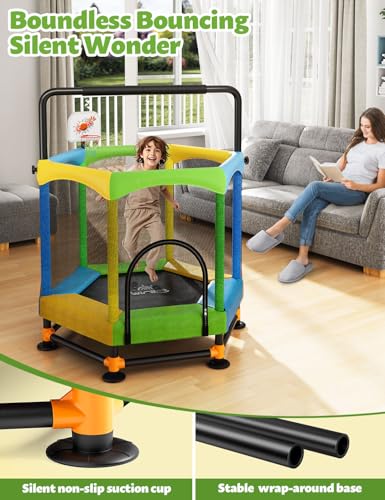 60" Trampoline for Kids, Twinkoo 5FT Fortified Toddler Trampolines with Anti-Rollover Bottom, Indoor/Outdoor Toddler Trampoline with Safety Enclosure, Adjustable Gymnastics Bars, Basketball Hoop