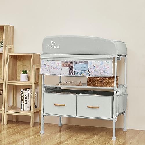 Portable Baby Changing Table with 2 Storage Baskets, BabyBond Foldable Changing Table Dresser Waterproof Diaper Changing Table Height Adjustable Changing Station for Infant and Newborn(Grey)