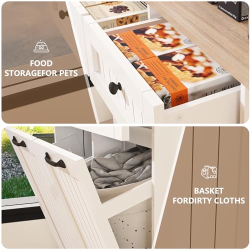 HTK Double Tilt Out Trash Cabinet – Farmhouse Hidden Trash Can Kitchen Cabinet, Space-Saving Design, Additional Storage, Fits 2x10 Gallon Bins, with Pull-Out Drawers (White)