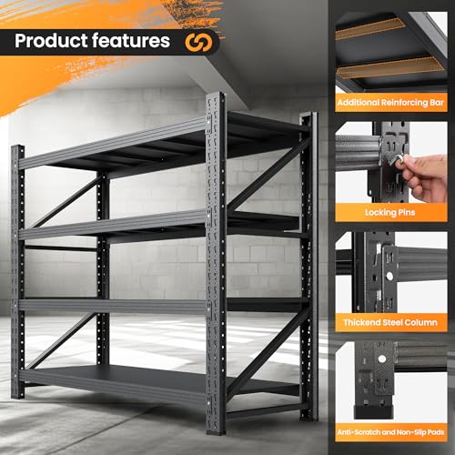 71” W Storage Shelves Heavy Duty, 5000LBS Metal Garage Shelving Units, 4 Tier Storage rack shelf, Steel Industrial Shelving , Adjustable Standing Shelf for Basement/Warehouse 71"W x 24"D x 70"H, Black