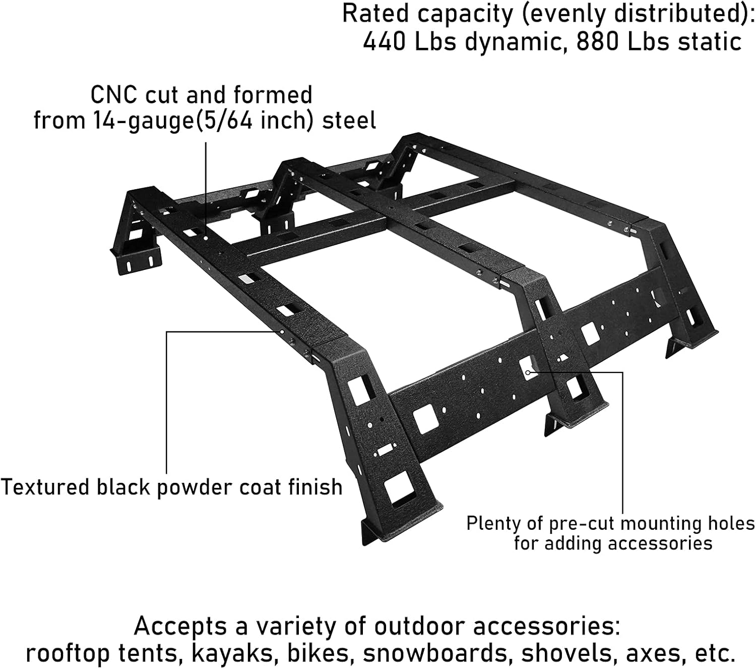 Hooke Road Tacoma Overland 11.5 Bed Rack Truck Cargo Carrier Compatible with Toyota Tacoma 2005-2022 2nd 3rd Gen