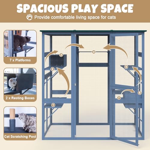 Catio Outdoor Cat Enclosure Large Walk in Cat Cage, Outdoor/Indoor Cat Catio for Multiple Cats with Waterproof Roof, 5 Platforms, 2 Resting Box, Cat Scratching Post