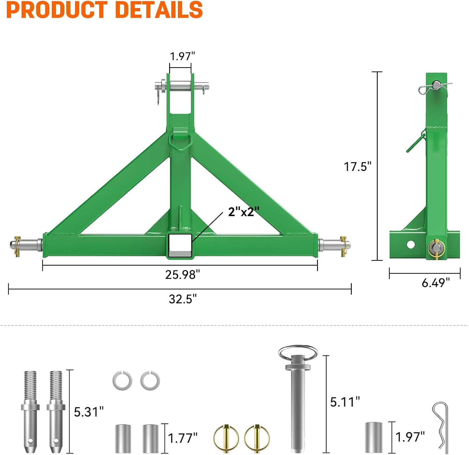 3 Point Trailer Hitch with 2" Receiver(Green) Quick Hitch Compatible with Category 1 Tractors, Heavy Duty Towing Hitch Tractor Drawbar Hitch Adapter for BX, Kubota, John Deere, NorTrac, Kioti, Yanmar