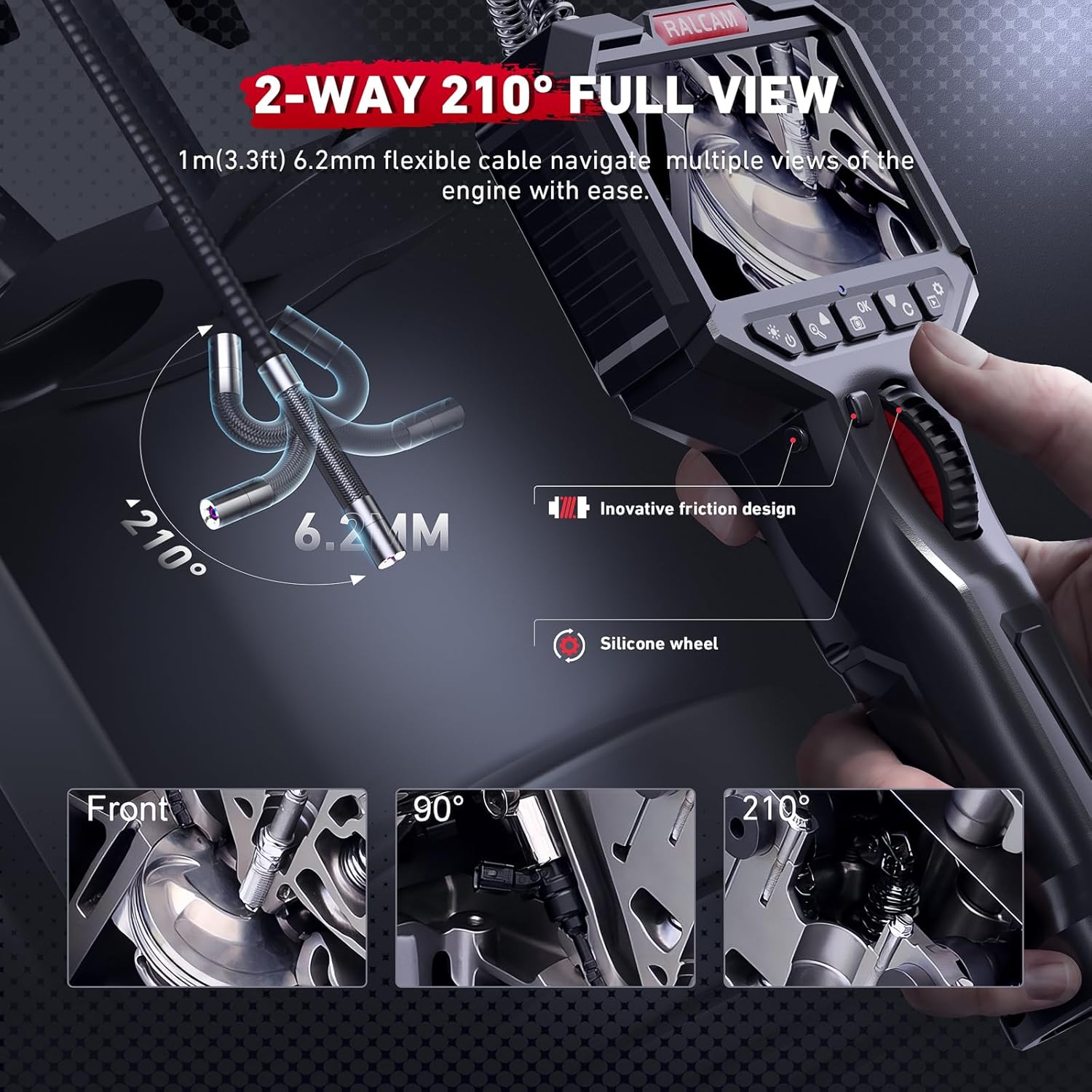 Ralcam Articulating Borescope, 2-Way 180° Inspection Camera, 6.2mm Lens IP67 Waterproof Probe, 6 Adjustable LED Lights, 3.5'' Portable IPS Screen Endoscope with 3.3FT/1.0M Flexible Cable