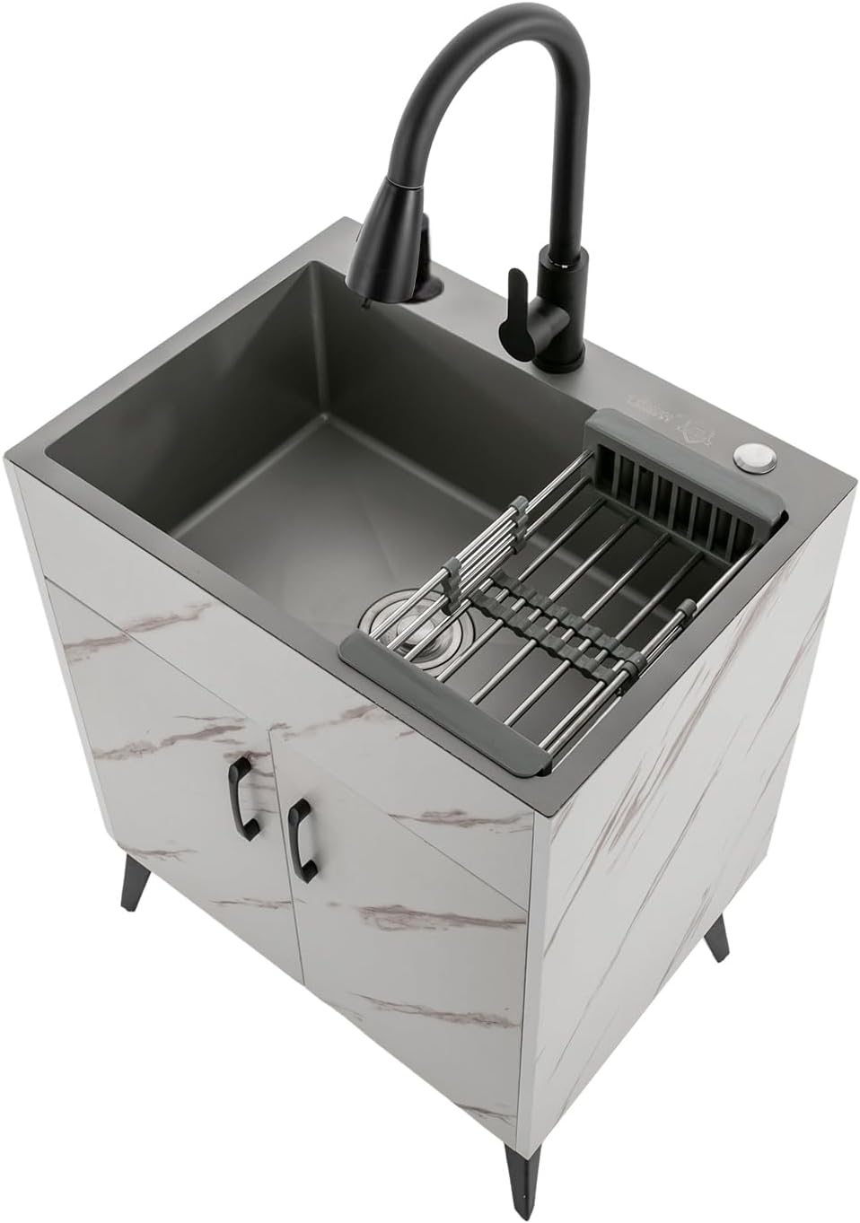 23.62inch Laundry Sink with Cabinet,Stainless Steel Sink with Pull-Out Sprayer Faucet Sink Cabinet Combo for Laundry Room,Utility Room,Bathroom and Kitchen,White