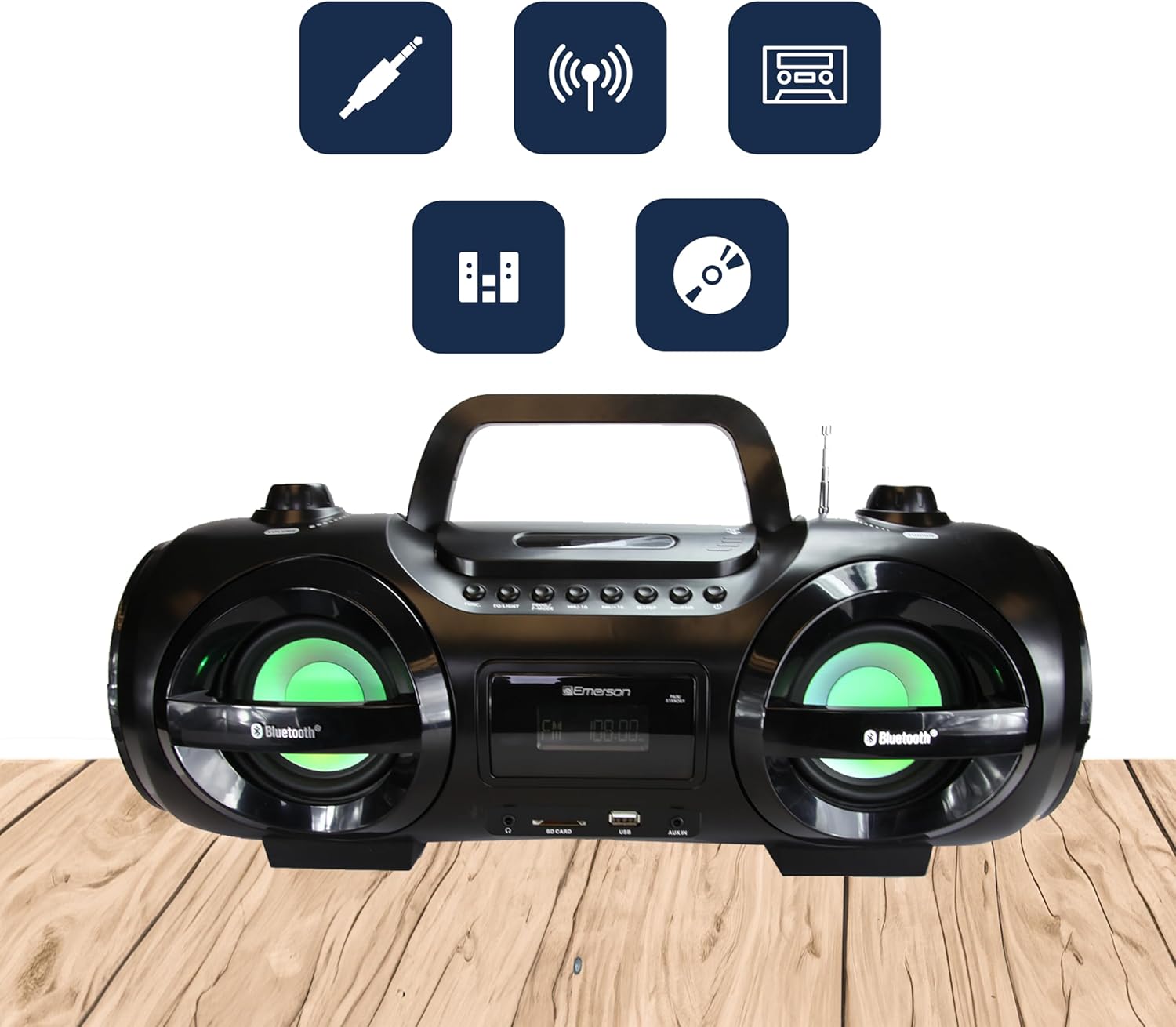 Retro Portable Boombox CD Player, Cassette, AM/FM Radio, Bluetooth, USB, LED Display, Aux-in, Headphone Jack, Battery or AC Powered, Classic Entertainment for Home & Outdoors