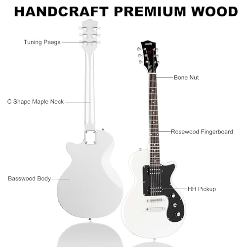 MLP-1 39 Inch Electric Guitar Kit, Beginner LP Full Size Solid Body Electric Guitar With HH Pickups, Gig Bag, Amplifier, Strap, Cable, Picks, String (White)