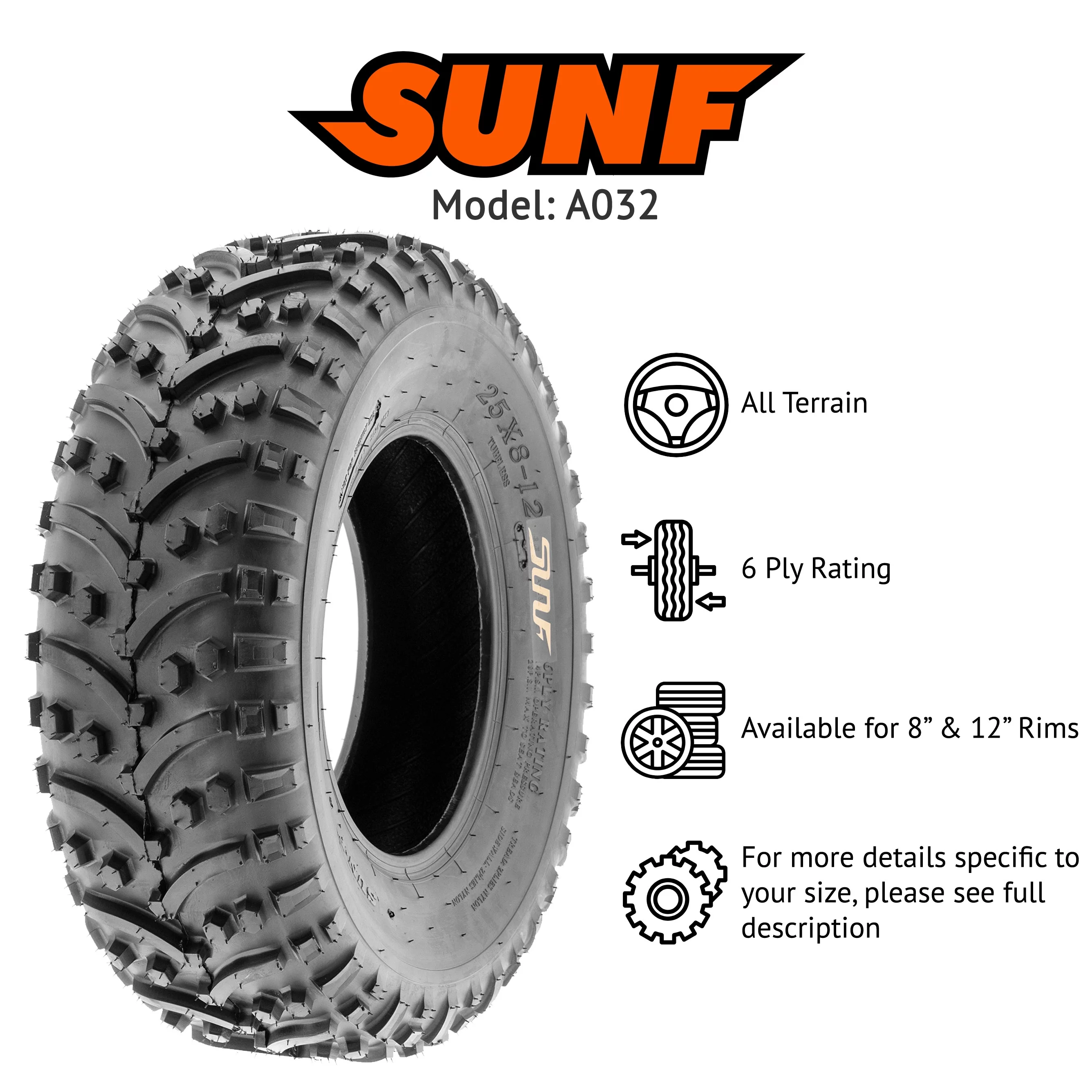 Set of 4 SunF ATV UTV Tires A032 25x8-12 25x8x12 6 PR