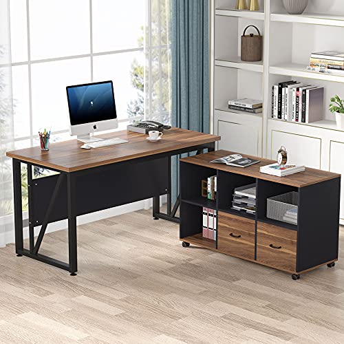 Tribesigns 63 inches Executive Desk and 47" lateral File Cabinet, L-Shaped Computer Desk Home Office Furniture Set with Drawers and Storage Shelves, Office Table with Cabinet (walnut+White, 63)