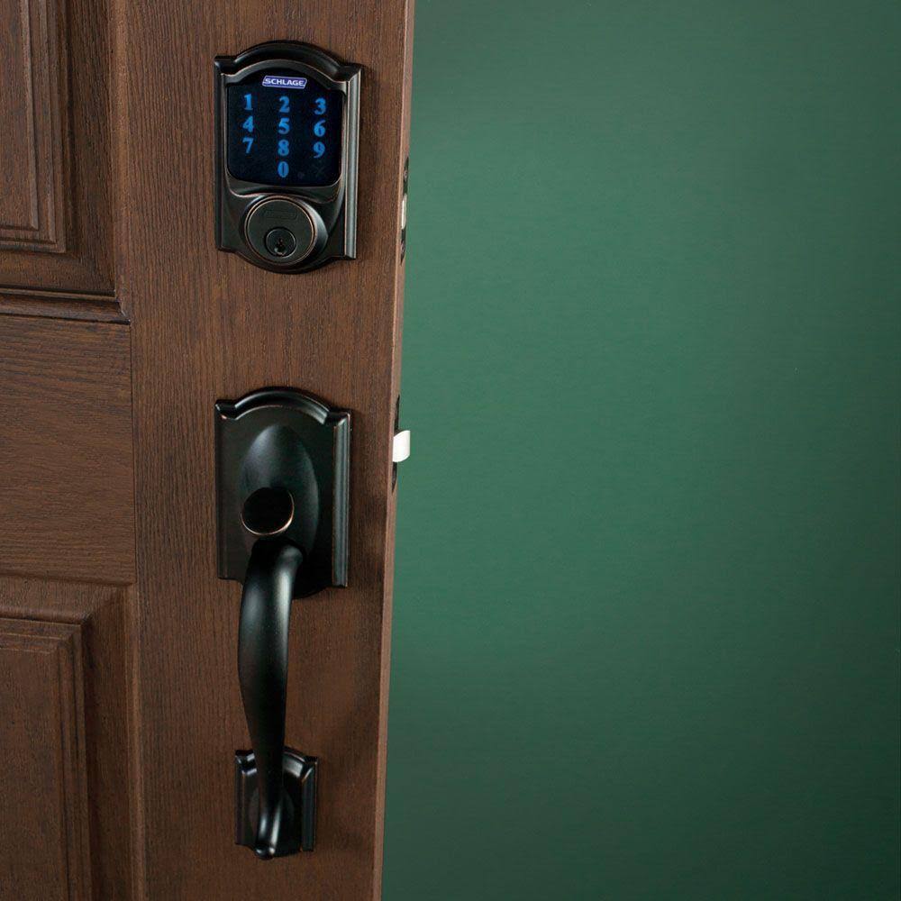 Schlage Camelot Aged Bronze Touchscreen Deadbolt with Alarm and Handleset with Accent Interior Lever