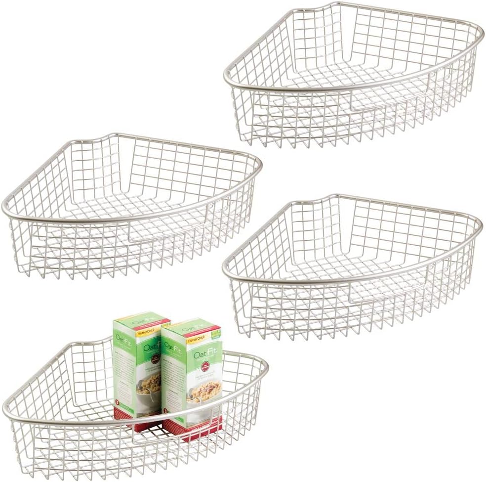 mDesign Farmhouse Metal Kitchen Cabinet Lazy Susan Storage Organizer Basket with Front Handle - Large Pie-Shaped 1/4 Wedge, 4.4" Deep Container - 4 Pack - Satin