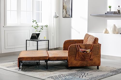 Convertible Sleeper Sofa Bed, 46" Modern Velvet Loveseat Couch with Pull Out Bed, Small Love Seat Futon Sofa Bed with Headboard, 2 Pillows & Side Pockets for Living Room Bedroom, Light Grey