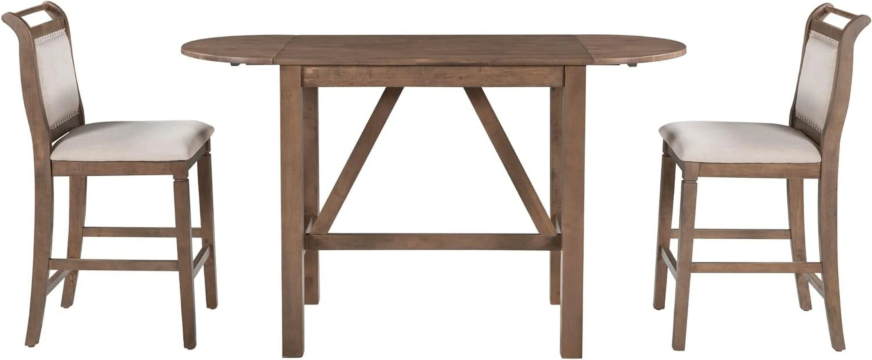 WANHUI 3-Piece Wood Counter Height Dining Table Set, with 2 Upholstered Chairs and Drop Leaf, for Small Space, Dinette, Home Kitchen Breakfast, Bar, Brown