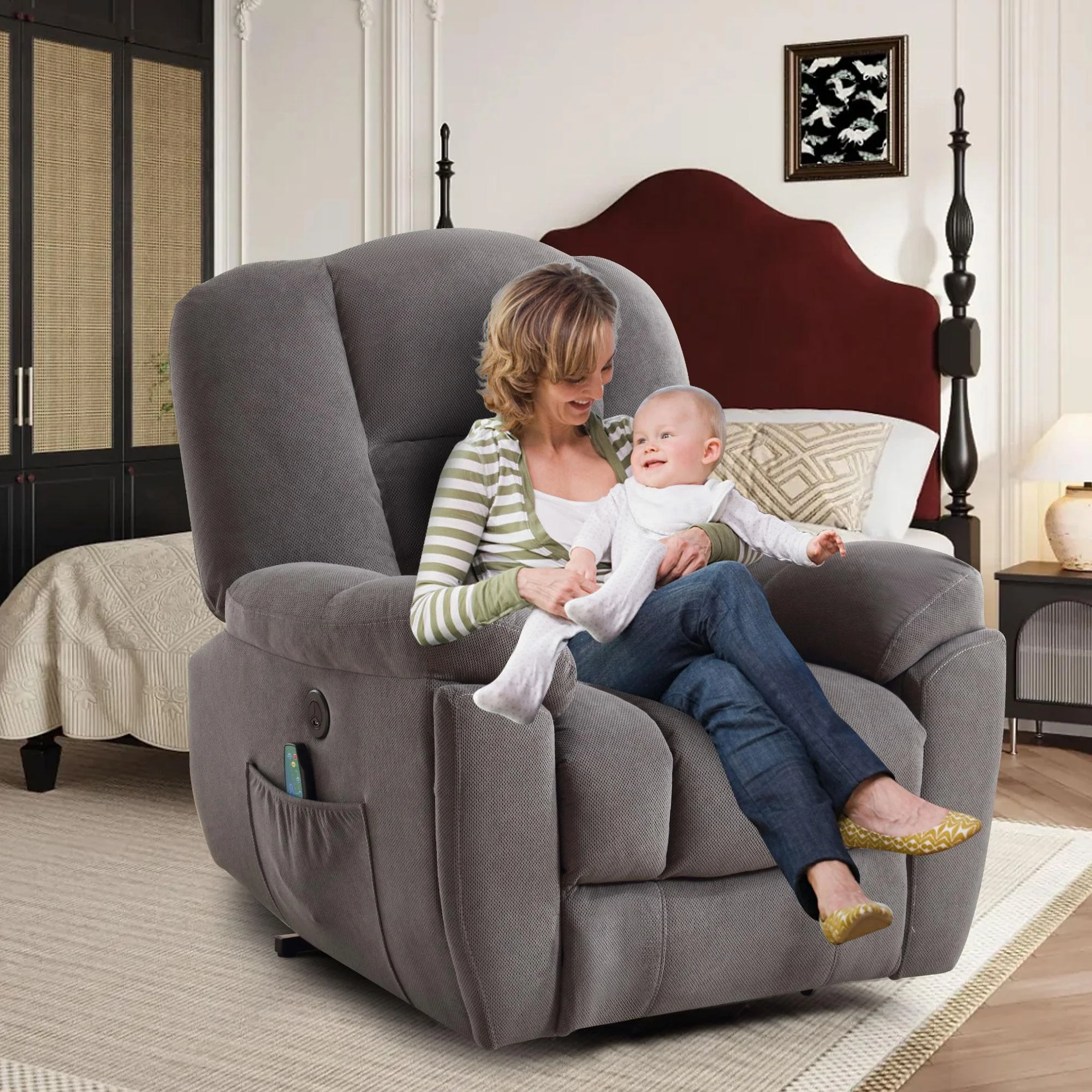 24.4" Wide Large Power Lift Recliner Chair, BTMWAY Oversize Electric Lift Recliners for Elderly with Heat and Massage, 3 Position Electric Recliner Chair for Home Use with Hidden Cup Holder, Gray