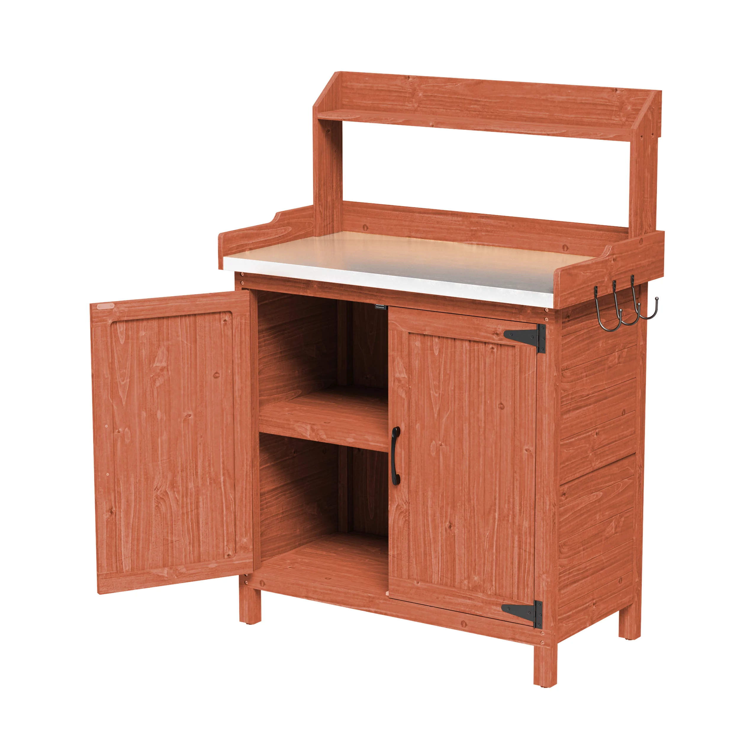 HLR Potting Bench with Storage, Galvanized Steel Tabletop Ourdoor Potting Bench with Storage for Garden Patio, Original Wood