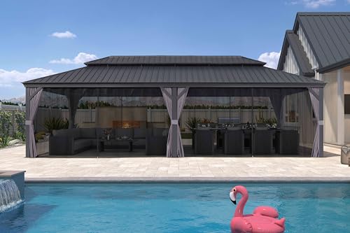 PURPLE LEAF 10' X 14' Permanent Hardtop Gazebo Aluminum Gazebo with Galvanized Steel Double Roof for Patio Lawn and Garden, Curtains and Netting Included, Grey