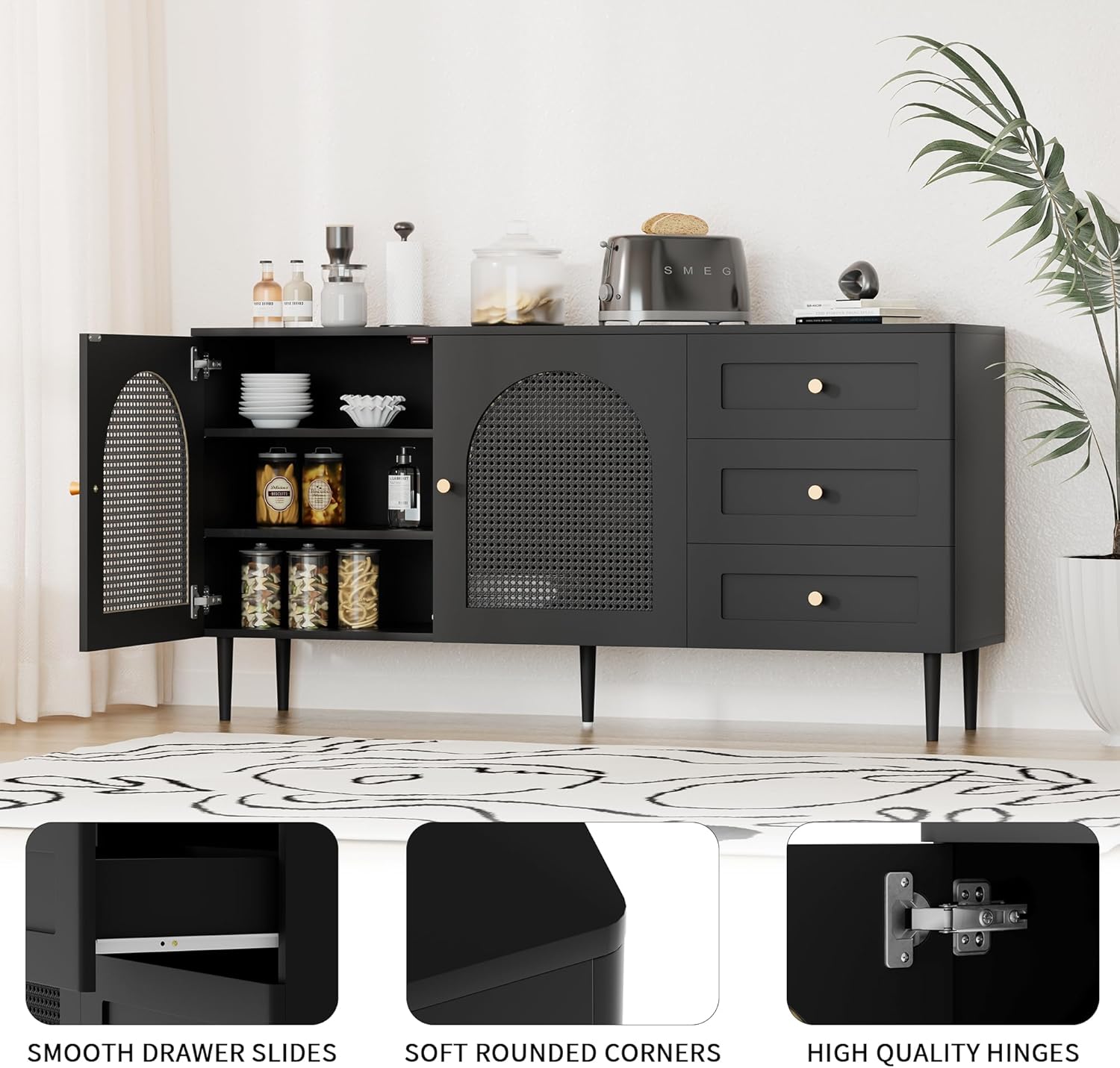 Modern Black Sideboard Buffet Cabinet with Storage & 3 Drawers, Console Table with Storage, Kitchen Cabinet Adjustable Shelves for Dining Room, Living Room, Entryway