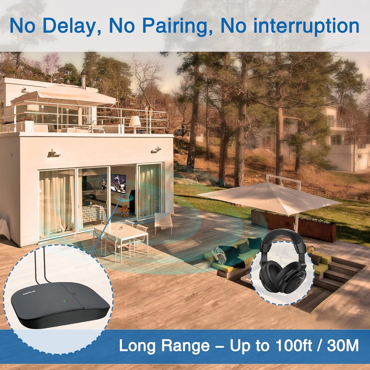 SIMOLIO Voice Enhanced Wireless TV Headphones with Extra Battery for Seniors and Hard of Hearing, Balance and Tone Adjustment, No Pairing, No Lip-sync Delay, Digital Optical RCA AUX, 100FT Range