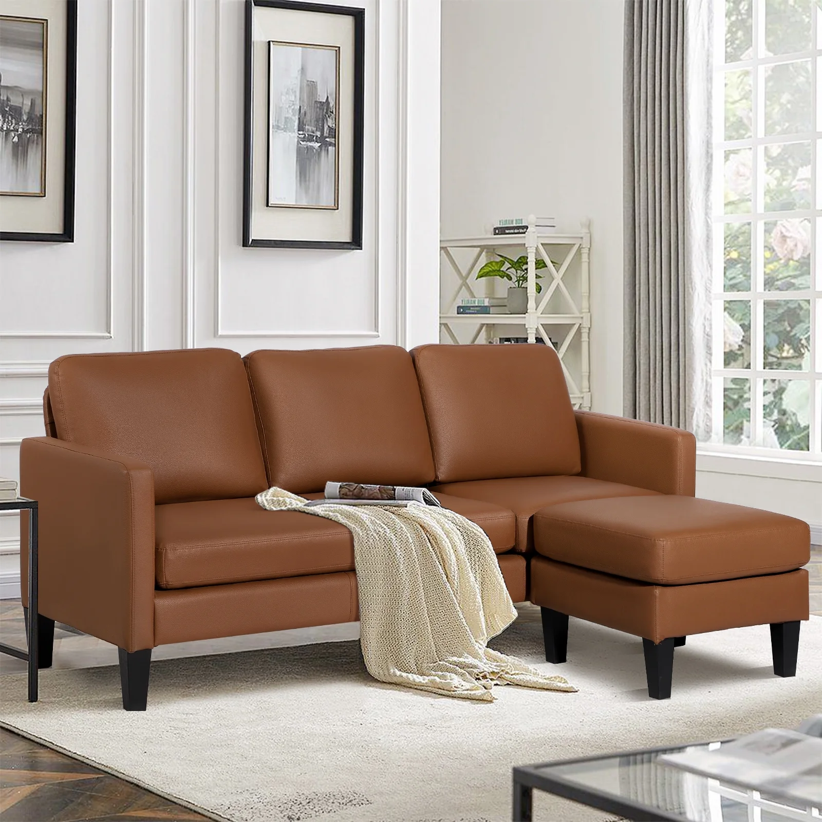 Haverchair Faux Leather Sectional Sofa, L Shaped Sofa with Reversible Chaise Convertible Sectional Couch 3-Seater Modern Small Couches for Small Space,Brown