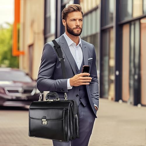 Banuce Leather Briefcase for Men with Lock Attache Case Hard Executive Attorney Lawyer Work Bag 15.6 Inch Laptop Doctor Bag