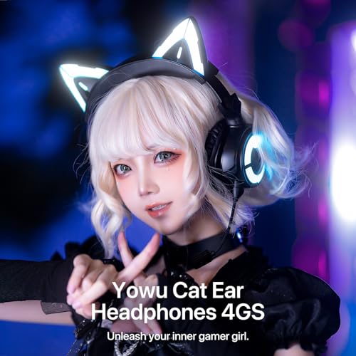 YOWU Cat Ear Headphones 4GS -Wireless Bluetooth Noise Cancelling Headphones, RGB Gaming Headset with Mic & 2.4G USB/Type C Dongle for PC/PS4/PS5/XBOX/Switch