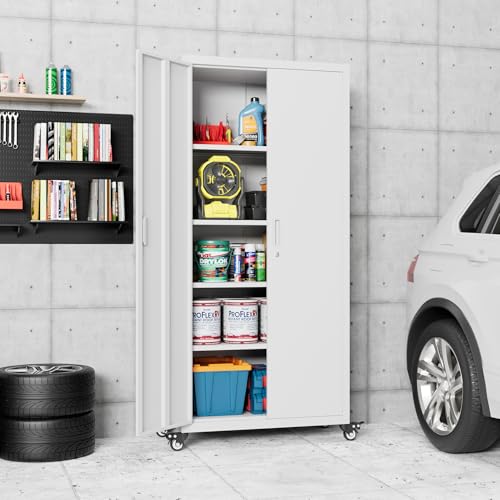 73" H Metal Storage Cabinet with Wheels, Garage Storage Cabinet with 4 Adjustable Shelves and Lockable Doors for Garage Home Office Utility Room,Required Assembly,Black