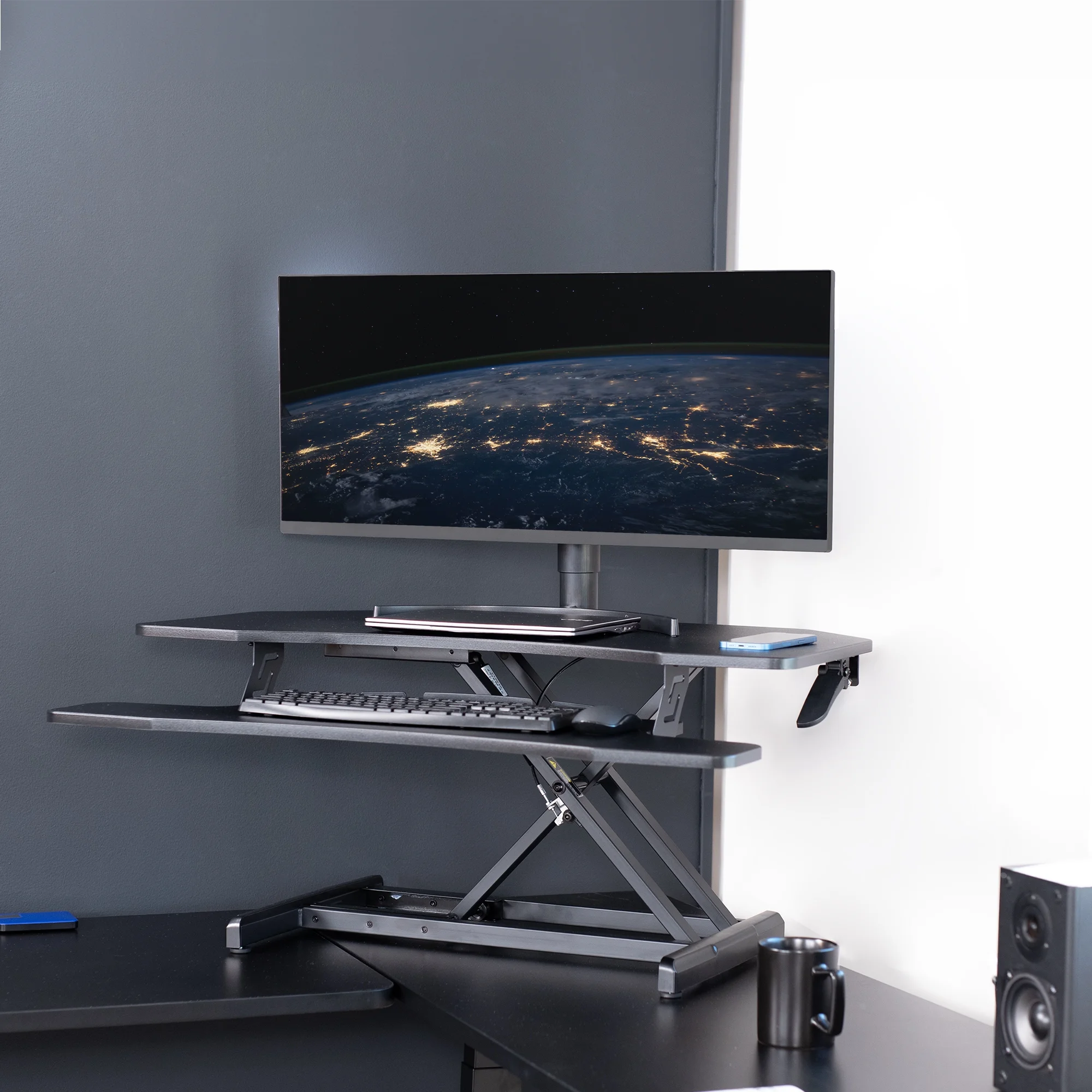 VIVO Black Corner Height Adjustable 38" Standing Desk Tabletop Monitor Riser