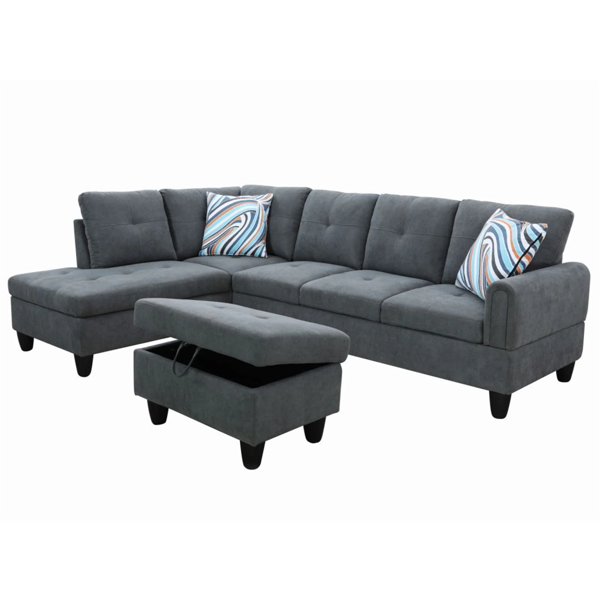 Aukfa Sectional Sofa, 97" Living Room Couch w/ Storage Ottoman, Left Facing Chaise, Flannel, Gray