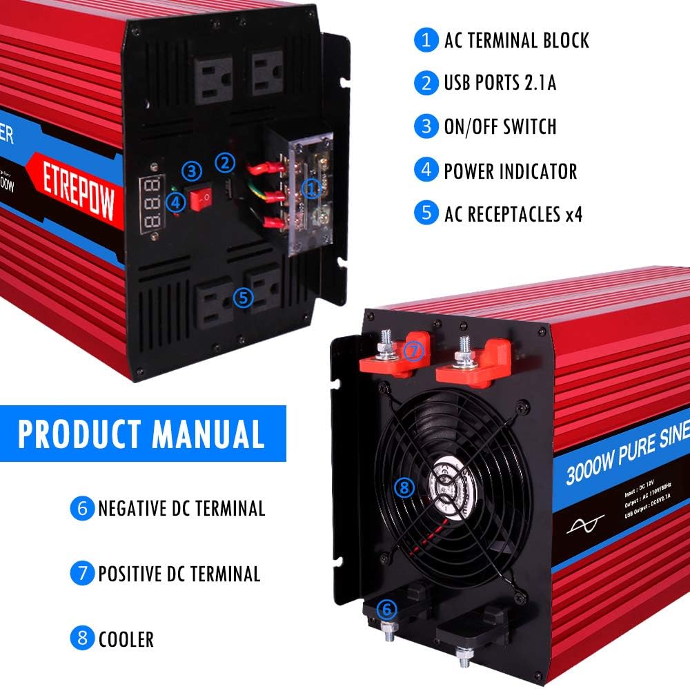 ETREPOW 3000 Watt/6000 Watt Pure Sine Wave Power Inverter 12V DC to 110V /120V AC Power Converter Wireless Remote Control-Off-Grid Inverter for Outdoor ,Home,Camping, RV,Truck,Car