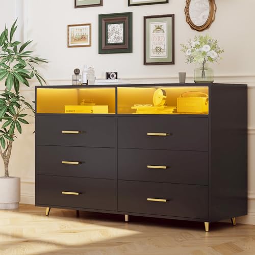 EnHomee Dresser for Bedroom, Black Dresser & Chests of Drawers, 6 Drawer Dressers with LED, Wood Dresser，Bedroom Dresser with Large Organizer，Modern Dresser Bedroom Furniture for Bedroom Closet