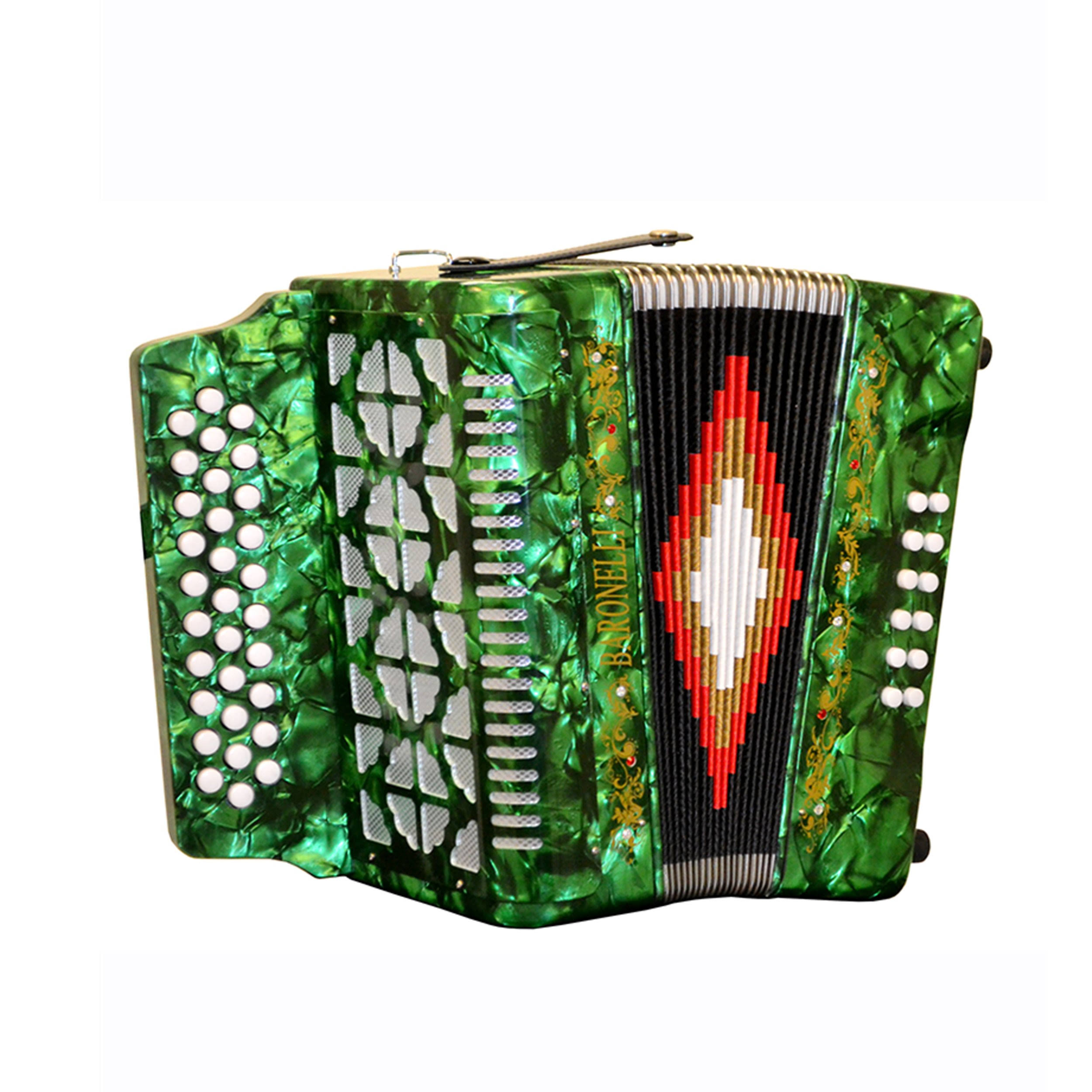 Baronelli Full Size 31 Button 12 Bass Accordion, GCF, with Straps, Case, Green