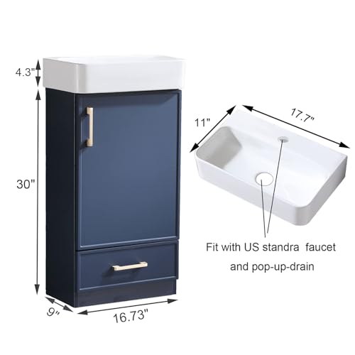18 Inch Bathroom Vanity with Sink Set, Small Bathroom Vanity with Undermount Vessel Sink Combo, Blue Bath Rv Cabinet, 1 Door 1 Drawer Vanities with Golden Handles