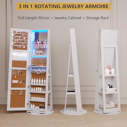 Vlsrka 360° Swivel Jewelry Cabinet with Lights, Jewelry Armoire with Full Length Mirror, Large Jewelry Armoire Organizer, Lockable Free Standing Mirror with Storage, Rear Storage Shelves, Black