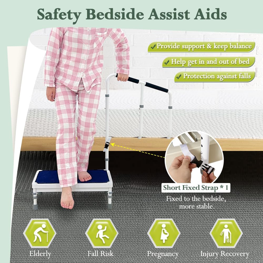 Bed Steps for High Beds for Adults Step Stool with Handle for Elderly 2-in-1 Bedside Guard Rails Bed Cane for Seniors Medical Safety Railing Stop Falling Out of Bed Assistance (21.6" Stool)
