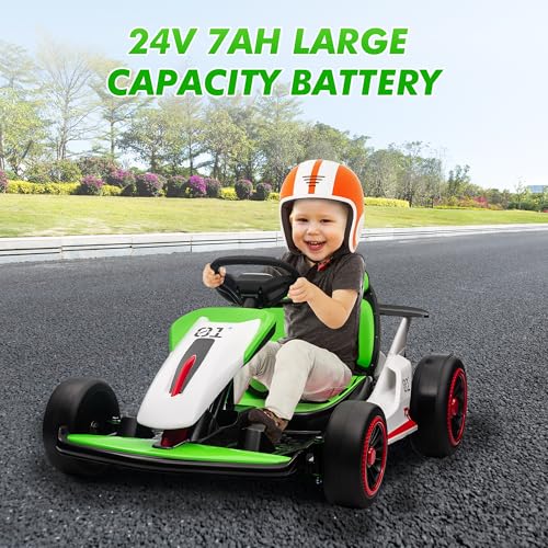 24V Electric Go Kart, Drifting Car Battery Powered Ride on Car with Powerful Motor for Kids 6-12 Years Old, Kids Go Kart with Slow Start, Music, Safety Belt,Max Load 110lbs for Boys and Girls
