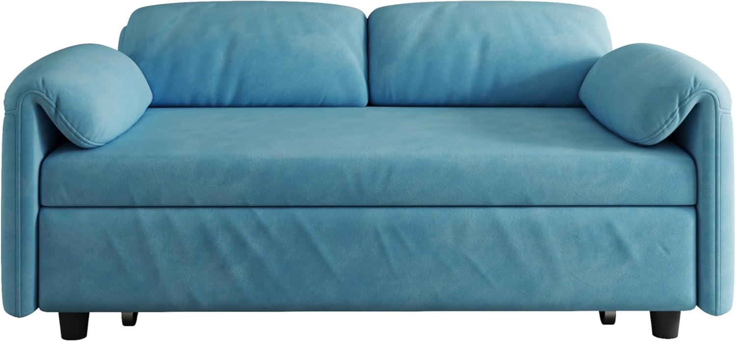 Convertible Sleeper Sofa with Pullout Bed, Upholstered Velvet Mini Couch w/Adjsutable Backrest & Side Pockets, 54" W Modern Sofa&Couches Futon Loveseat Single Recliner for Small Space, Blue