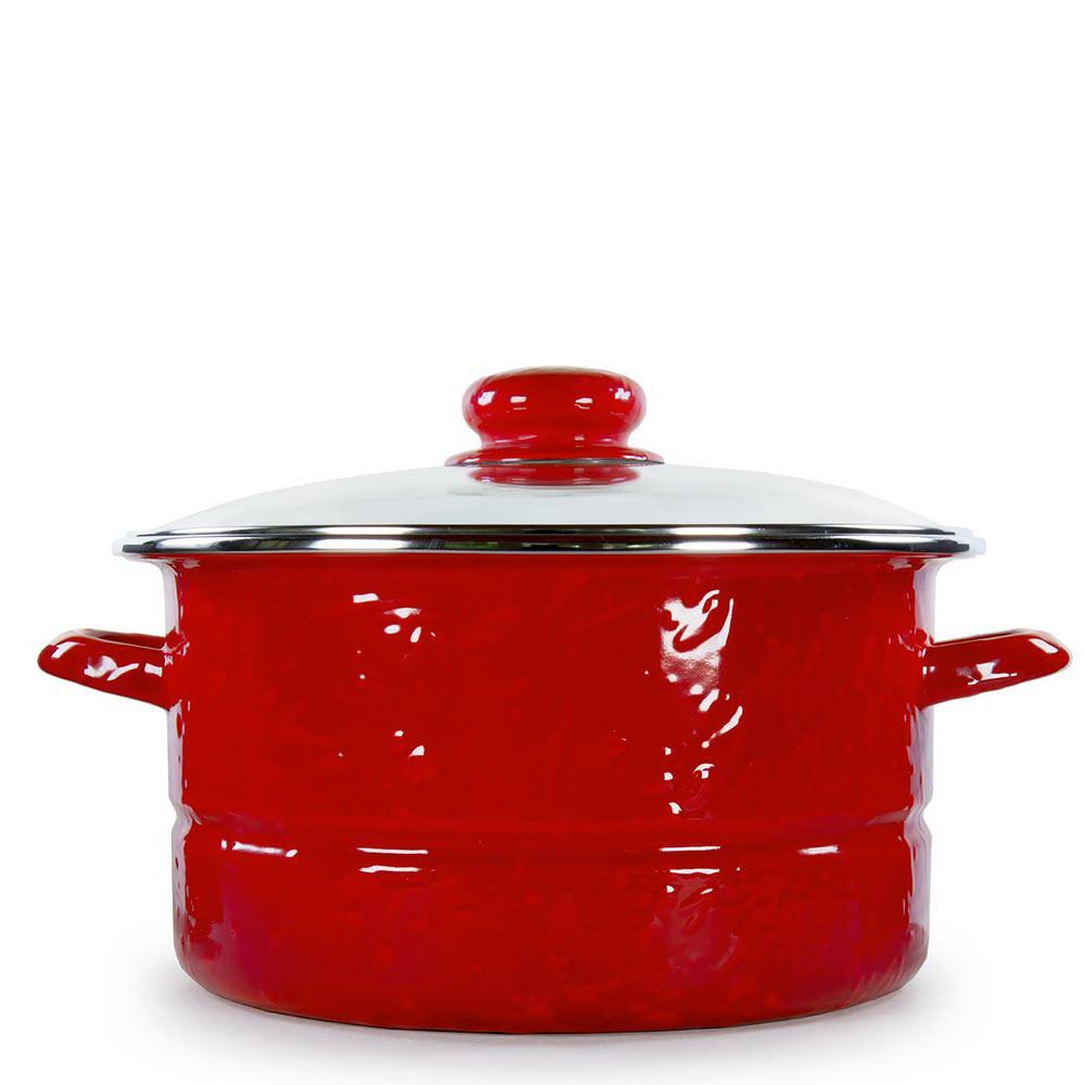 Golden Rabbit Solid Red 6 qt. Enamelware Stock Pot with Glass Lid