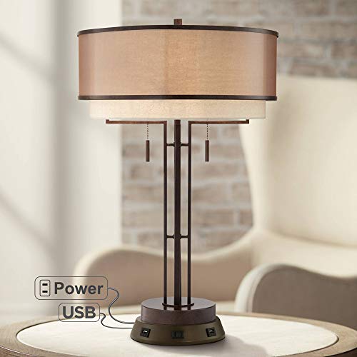 Franklin Iron Works Andes Rustic Industrial Table Lamp with USB and AC Power Outlet Workstation Charging Base 26" High Oil Rubbed Bronze Stacked Double Shade for Living Room Bedroom House Bedside
