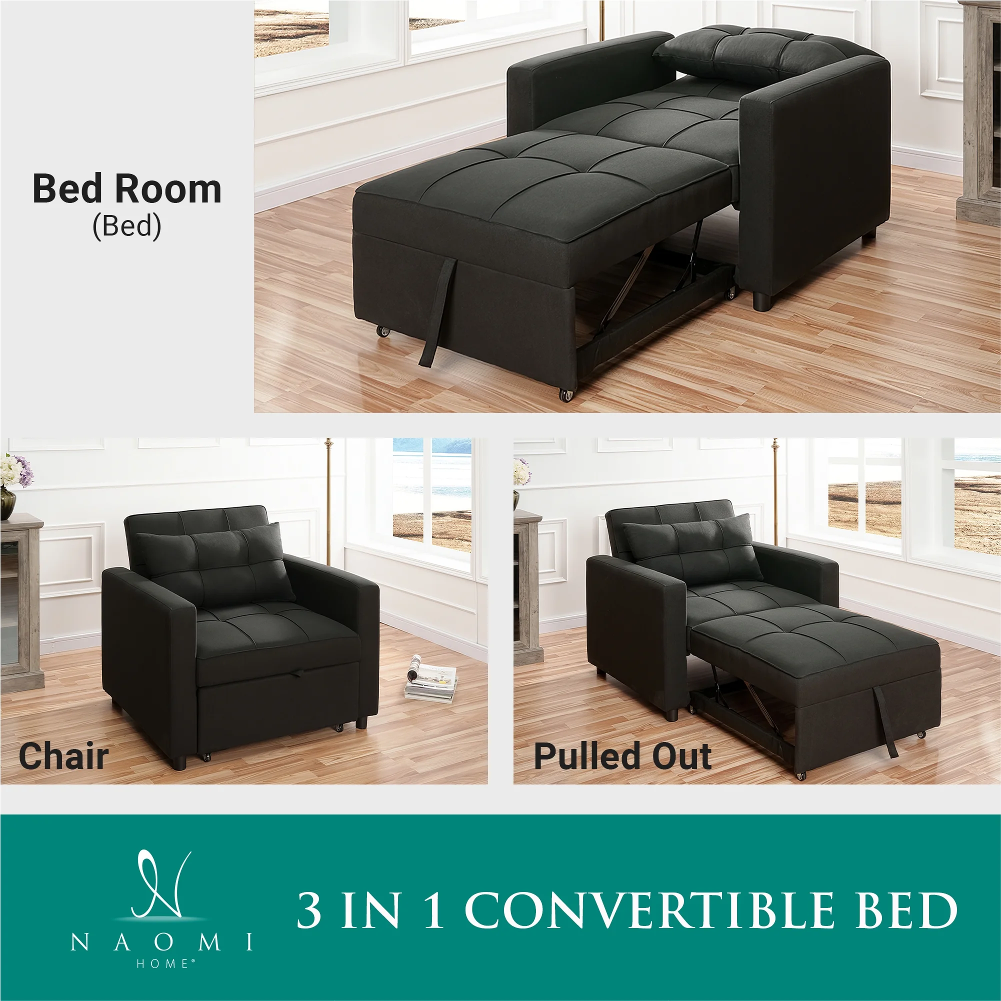 Anna 3 in 1 Convertible Chair Bed Sleeper, Pull Out Sofa Bed, Pull Out Couch, Sleeper Chair with with Pillow, Pull Out Bed with Adjustable Backrest Living Room - Black