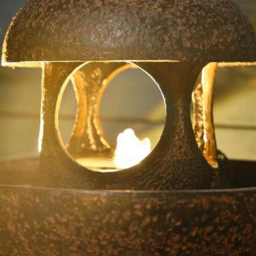 Outdoor Garden Water Fountain - Modern Tranquil Zen Pagoda Waterfalls Fountains Bowl with LED Lights & Pump for Patio Yard Porch Pool Decor, Gray, 35.5 inches