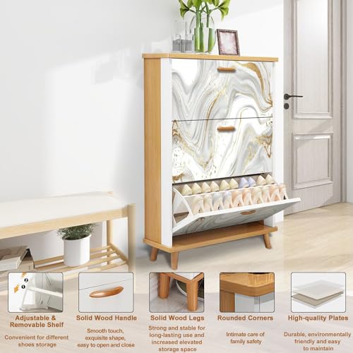 Shoe Cabinet with 3 Flip Drawers Luxury art Eastern style Golden swirl artistic Painter uses vibrant Wooden Shoe Storage Cabinet Boho Freestanding Hidden Shoe Rack Slim Shoe Organizer for Entryway