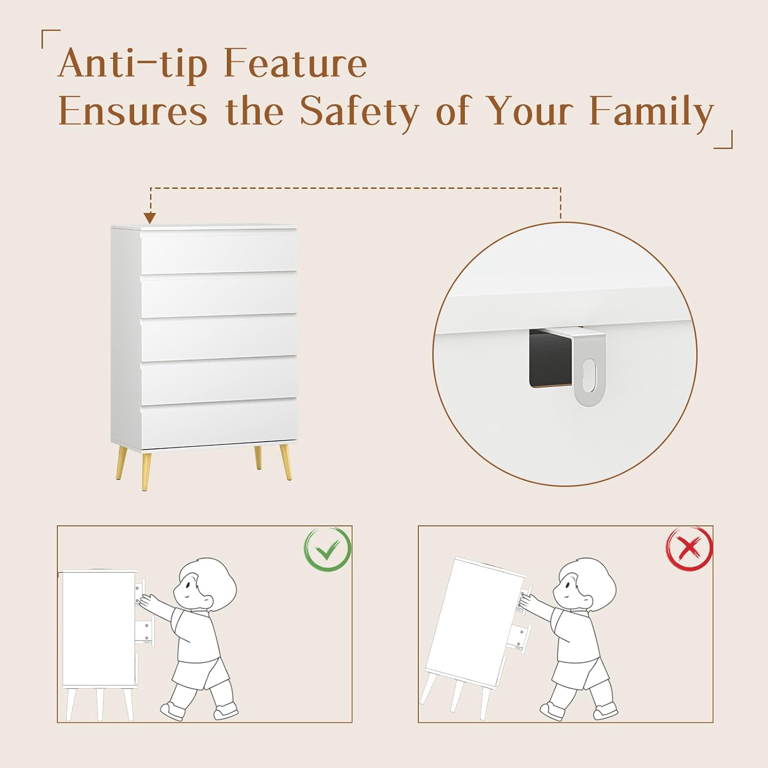 Dresser for Bedroom with 5 Drawers, Wide Chest of Drawers with Smooth Metal Rail, Clothing Organizer with Large Storage Space, Storage Cabinet for, Closet, Hallway