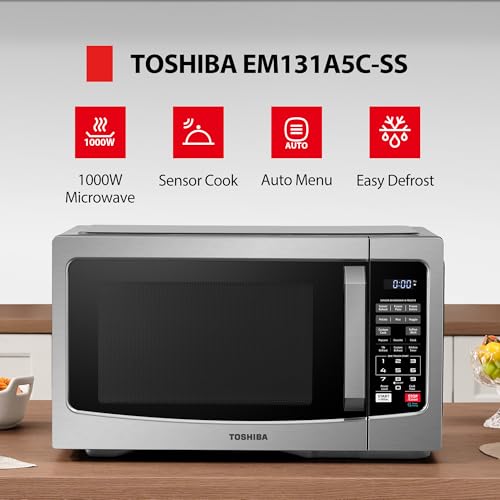 TOSHIBA EM131A5C-BS Countertop Microwave Ovens 1.2 Cu Ft, 12.4" Removable Turntable Smart Humidity Sensor 12 Auto Menus Mute Function ECO Mode Easy Clean Interior Black Color 1000W