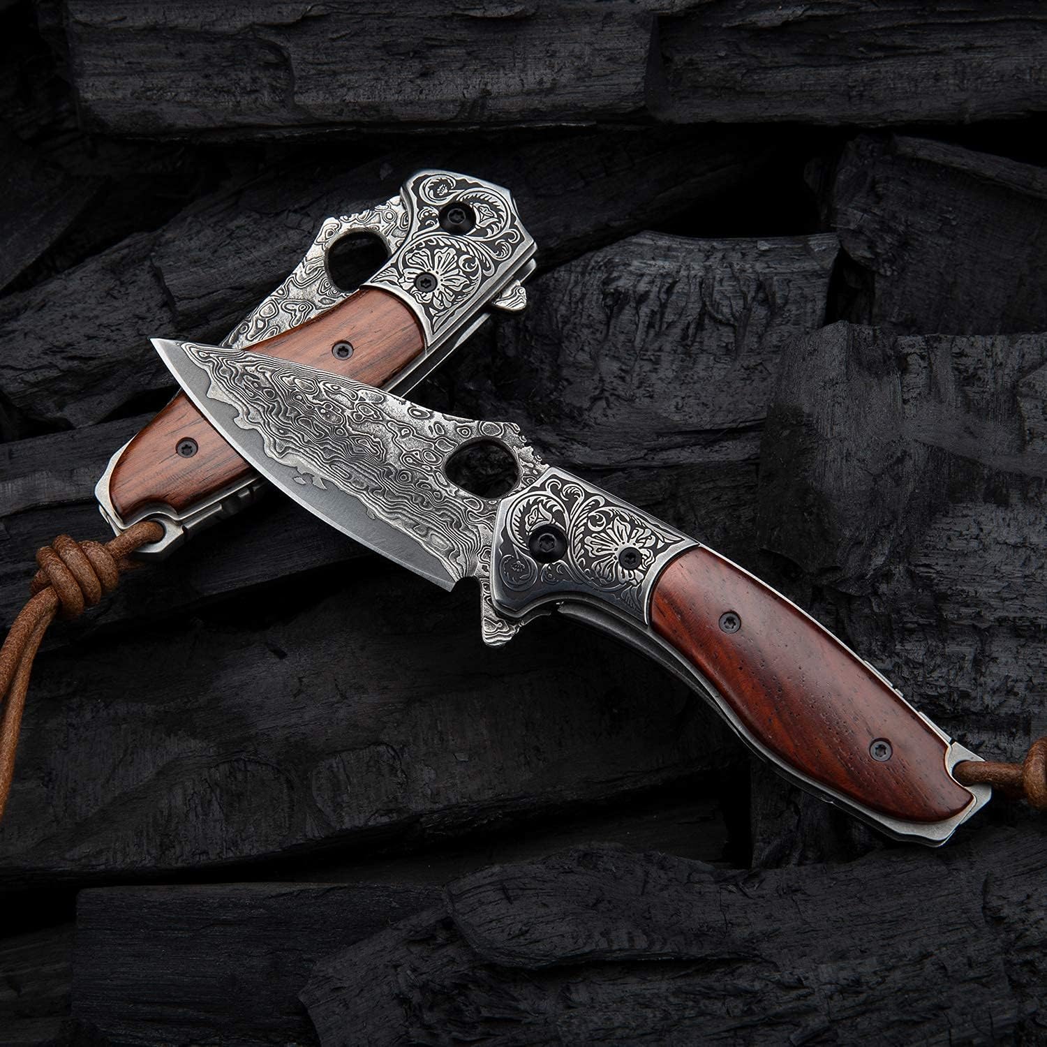 SPIRIT DEED EDC Pocket Knife for Men,2.5in Japanese Handmade VG10 Damascus Steel,Rosewood Handle,Liner Lock,Leather Sheath,Folding Knives for Camping and Hunting (Rosewood, 2.8)