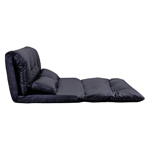 Futon Floor Sofa 5-Position Folding Chaise Lounge w/Adjustable Back&Steel Frame for Gaming Video,Multi-functional Lazy Sofa Sleeper Bed w/2 Lumbar Pillows&Thick Cushion for Living Room Bedroom (Black)