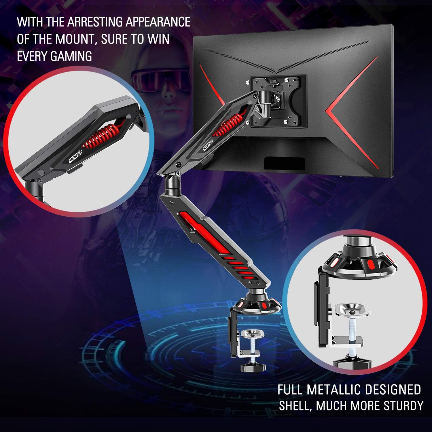 MOUNT PRO Single Gaming Monitor Stand - Mechanical Spring Monitor Mount, Adjustable Gaming Monitor Arm with C Clamp and Grommet Mounting Base - Fits for Computer Screen up to 32”, VESA 75x75, 100x100